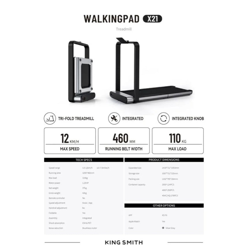 Trotadora Plegable KingSmith WalkingPad X21 12km/h, Hasta 110kg 46×121 NFC + LED