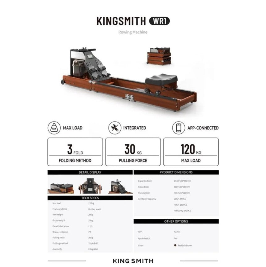 Máquina de Remo KingSmith WR1 Resistencia por Agua, Plegable 3 Pliegues Hasta 120kg